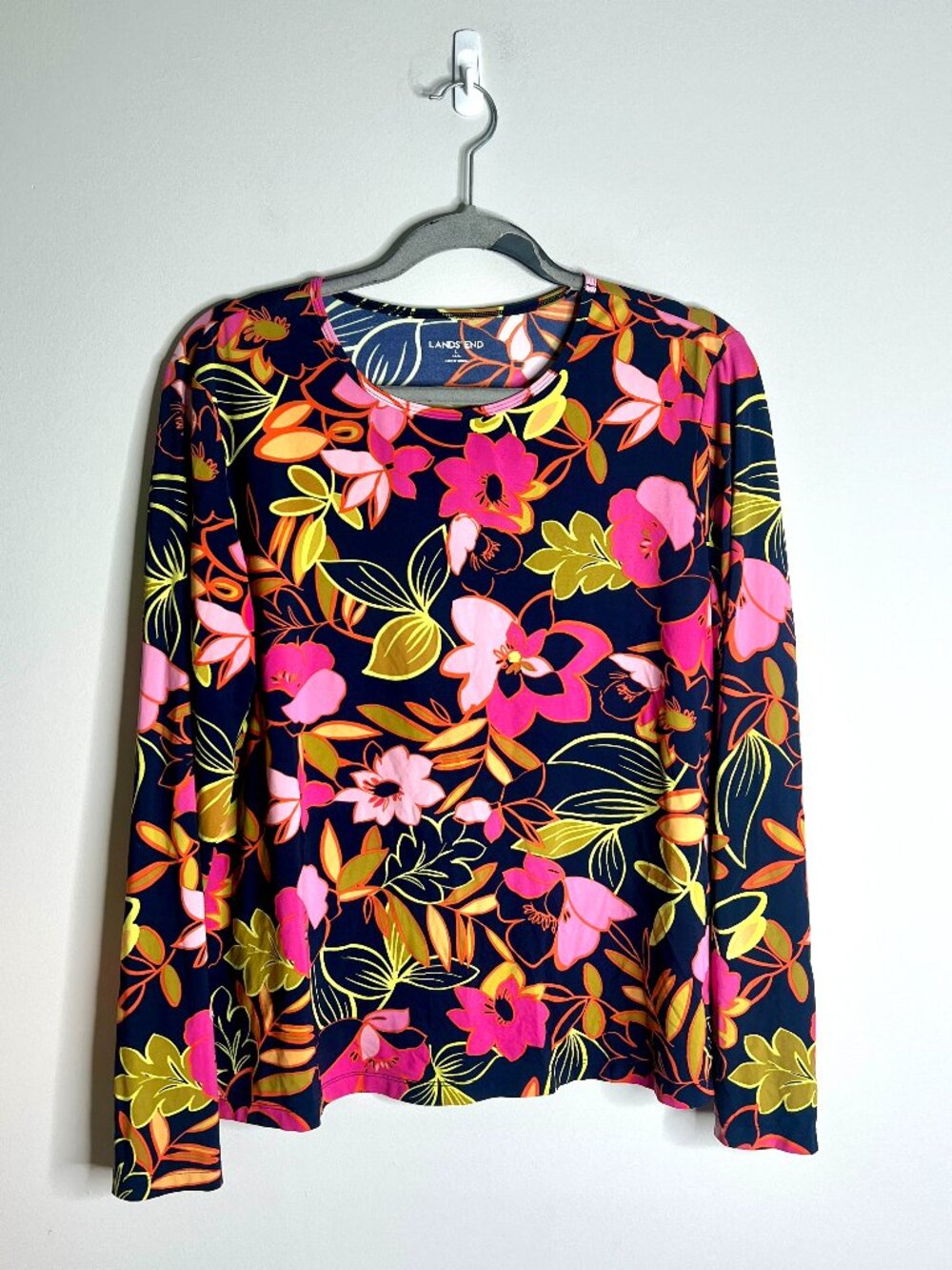 Lands' End Navy Floral Tropical Print Long Sleeve Rash Guard Beach Vacation Sz L
